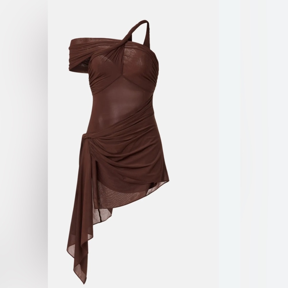Ronny Kobo Izel Desert Brown Sheer Mesh Off The Shoulder Mini Dress M
